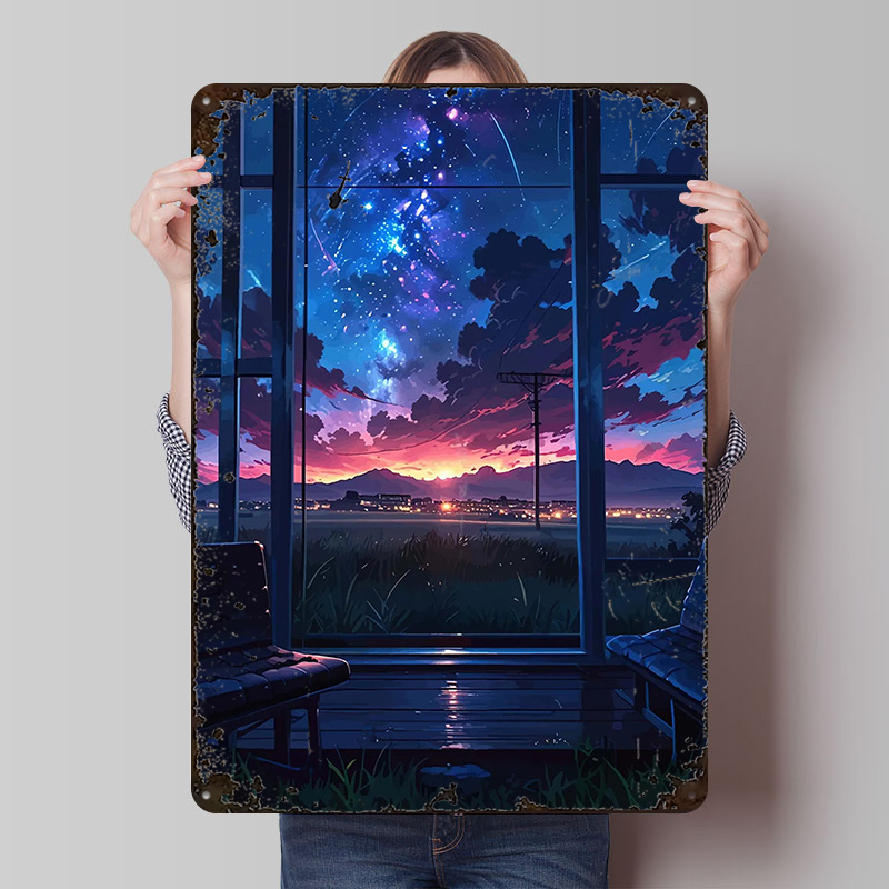 Custom Night Sky - Poster Cetak Pemandangan Jendela Anime di