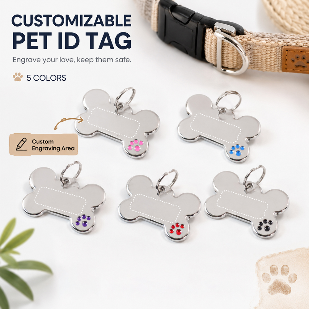 Pet Portrait Custom - Tag Anjing Bentuk Tulang dengan Teks