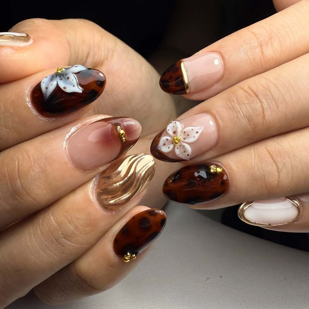 Pressed Flower Art - 24Pcs Kuku Gel 3D Bentuk Elips