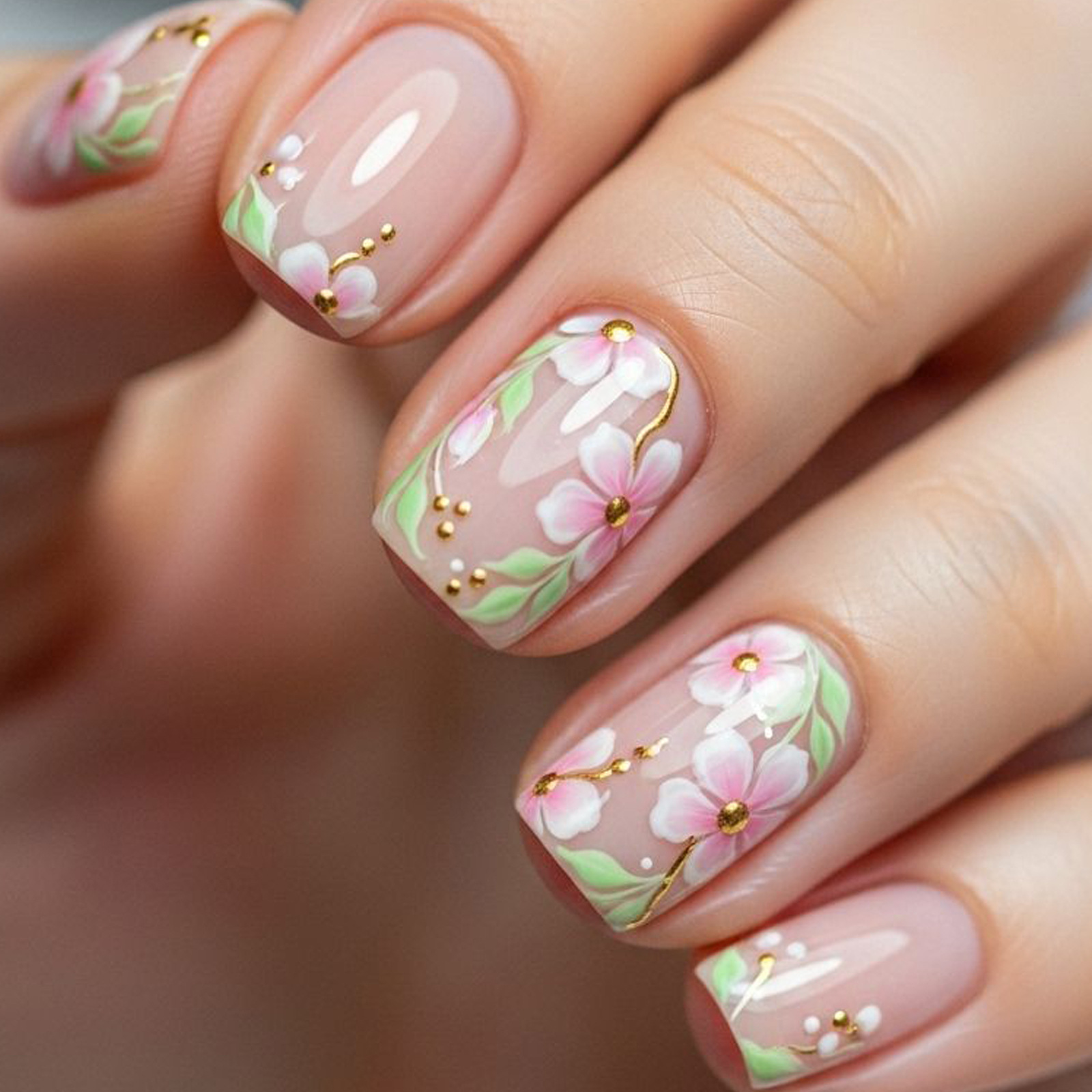 Pressed Flower Art - Kuku palsu pendek sedang untuk wanita